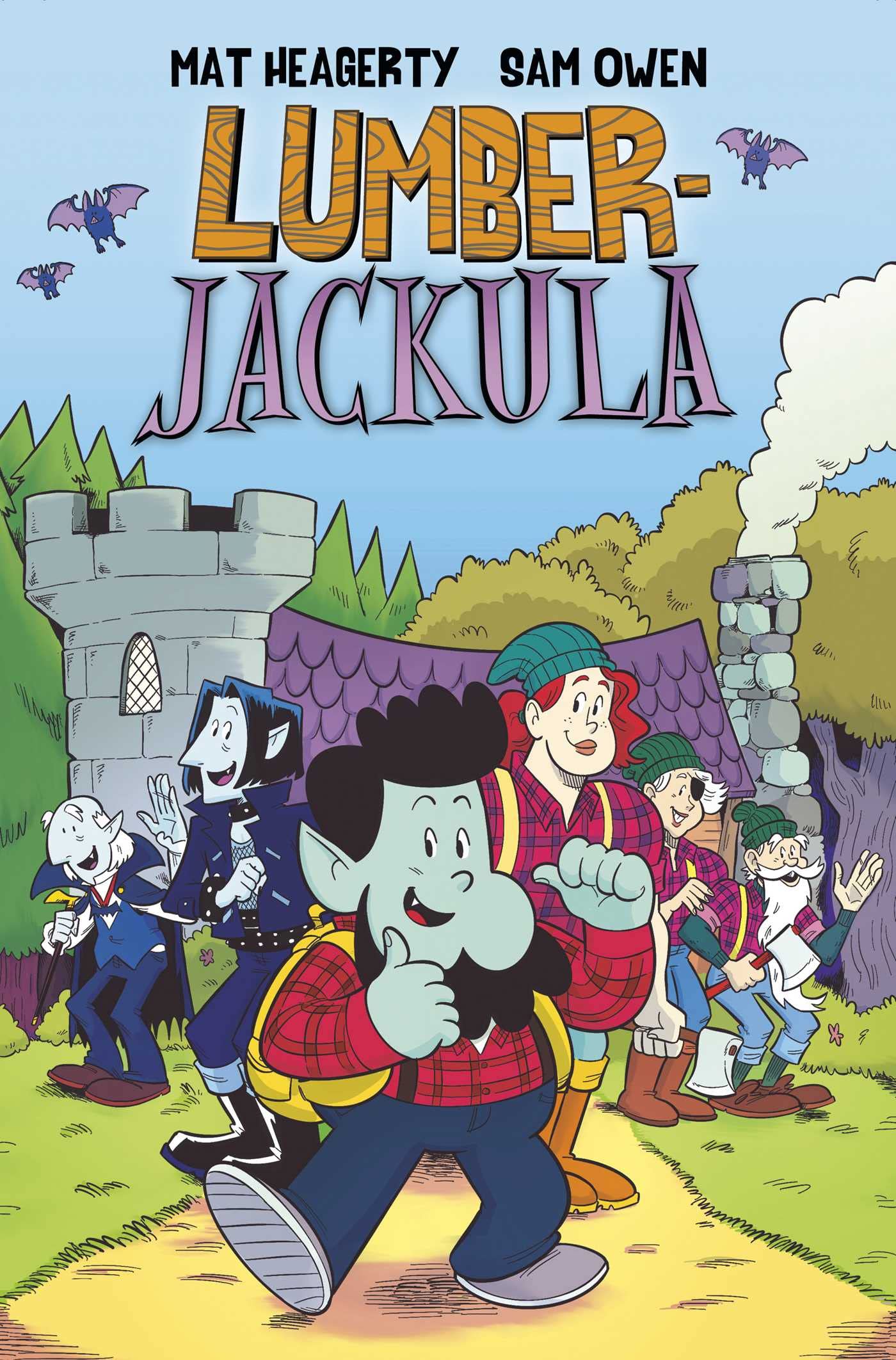 Cover of Lumberjackula, showing a green-skinned boy with pointy ears and a beard, wearing a red flannel shirt and suspenders, giving thumbs-up while surrounded by lumberjack and vampire relatives