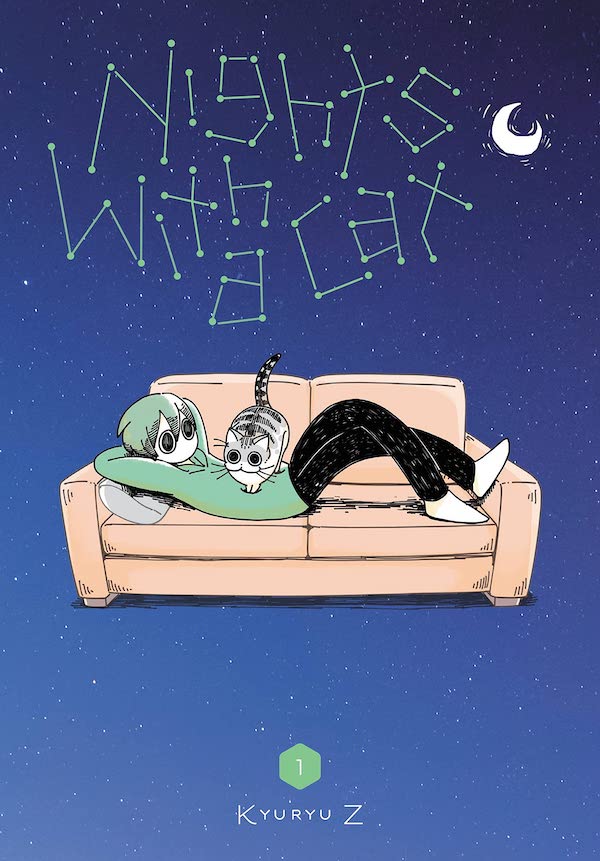 Cover of Nights with a Cat, vol. 1, showing a young man lying on a couch with a cat on his tummy and the stars above him speling out "Nights with a Cat"