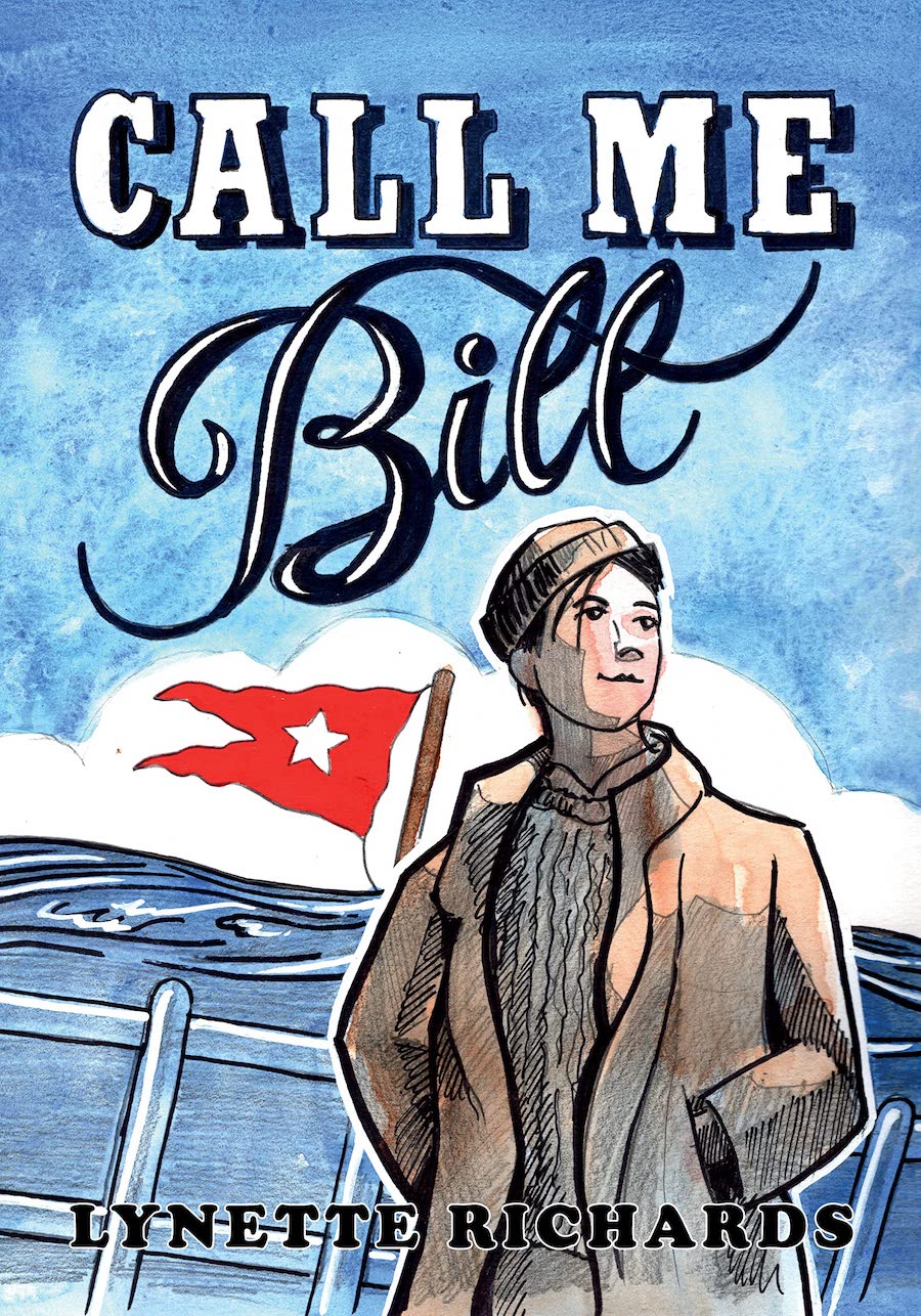 Cover of Call Me Bill, showing a sailor in a knit cap, cable sweater, and jacket, standing on board a ship, with the sea, a cloud, a flag, and the sky in the background.