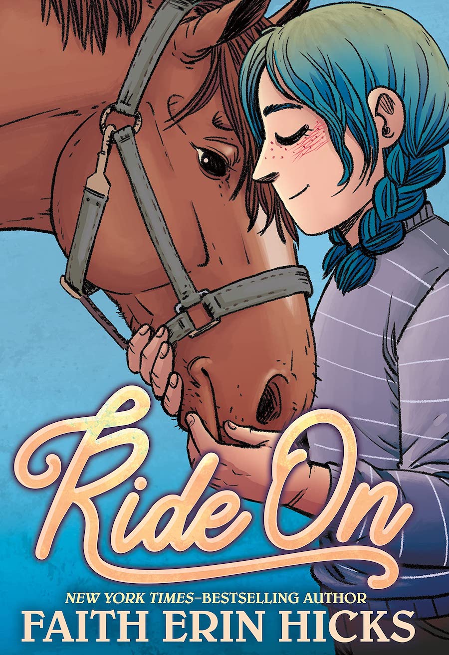Cover of Ride On, showing a girl with blue hair nuzzling a horse.