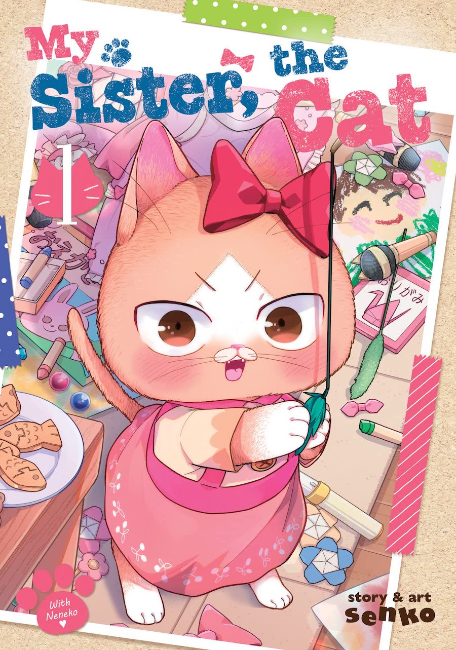 Cover of My Sister the Cat vol. 1, showing a cute cat with a red bow on her head, holding a cat toy and surrounded by fish-shaped cookies, origami flowers, and toys for cats and humans