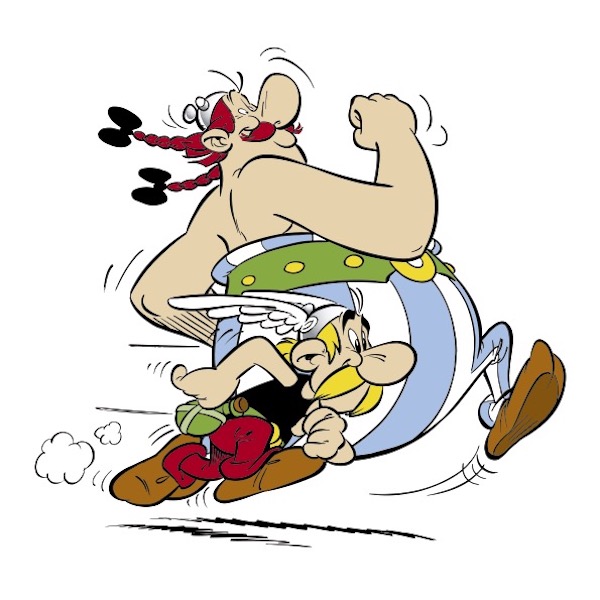 Drawing of Asterix and Obelix running
