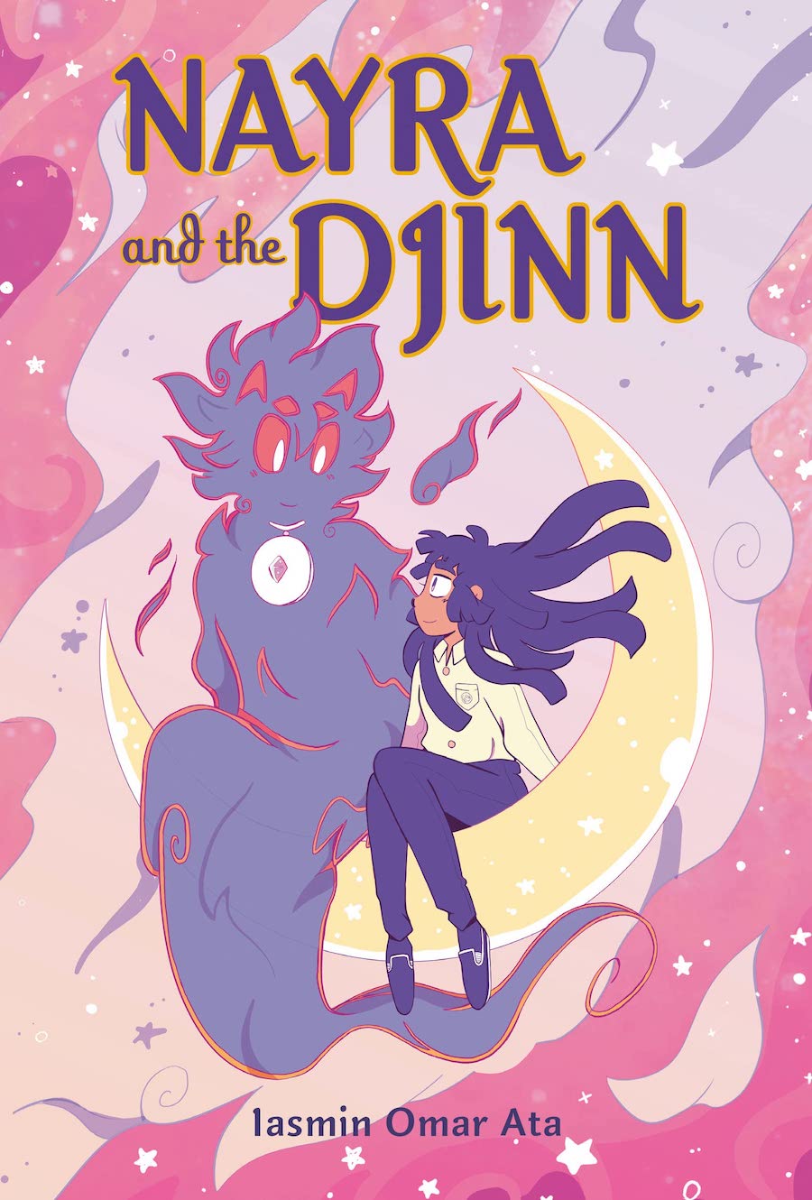 Cover of Nayra and the Djinn, showing a girl and a djinn sitting on a crescent moon