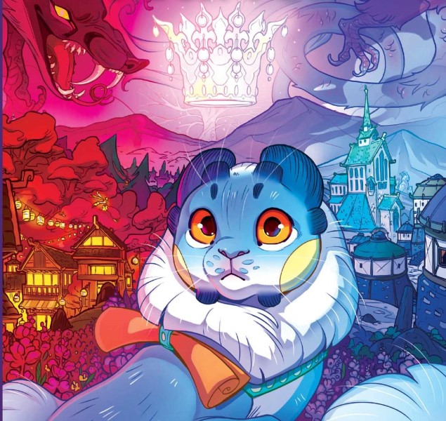 Picture of a blue cat in a fur collar with a crown over its head and two villages in the background, from the cover of Snowcat Prince.
