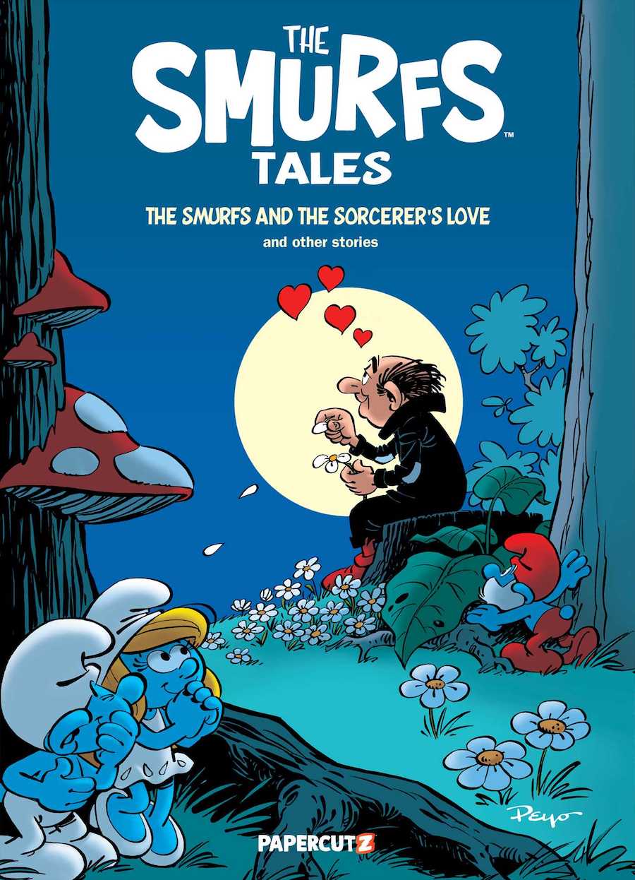 Cover of The Smurfs Tales: The Smurfs and the Sorcerer's Love, showing a middle-aged man sitting on a tree stump before a full moon, pulling petals off a flower while hearts float around him; several Smurfs are peering at him from hiding places in the woods