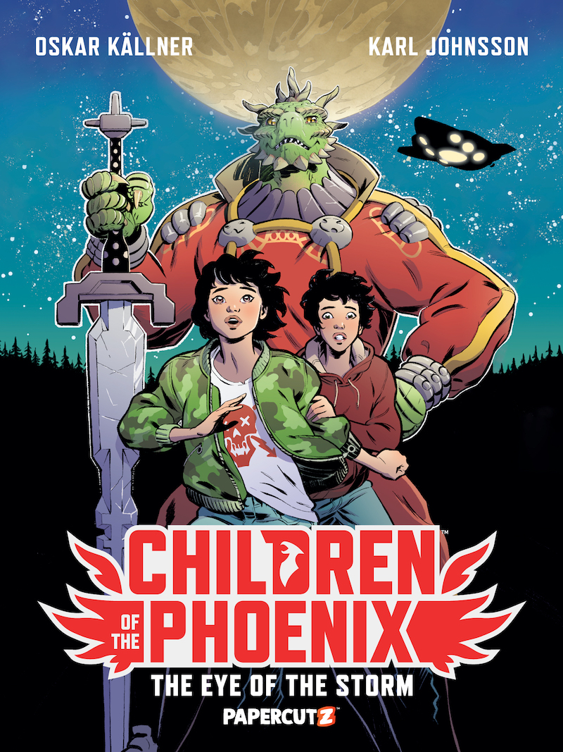 Cover of Children of the Phoenix, showing two children running toward the viewer; behind them is a large grean horned creature with a giant sword.