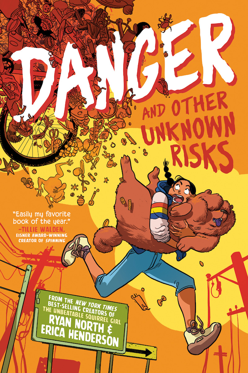 Cover of Danger and Other Unknown Risks, showing a girl clutching a large dog and running away from an avalanche of objects, including a bicycle, a frog, scissors, and various foods.