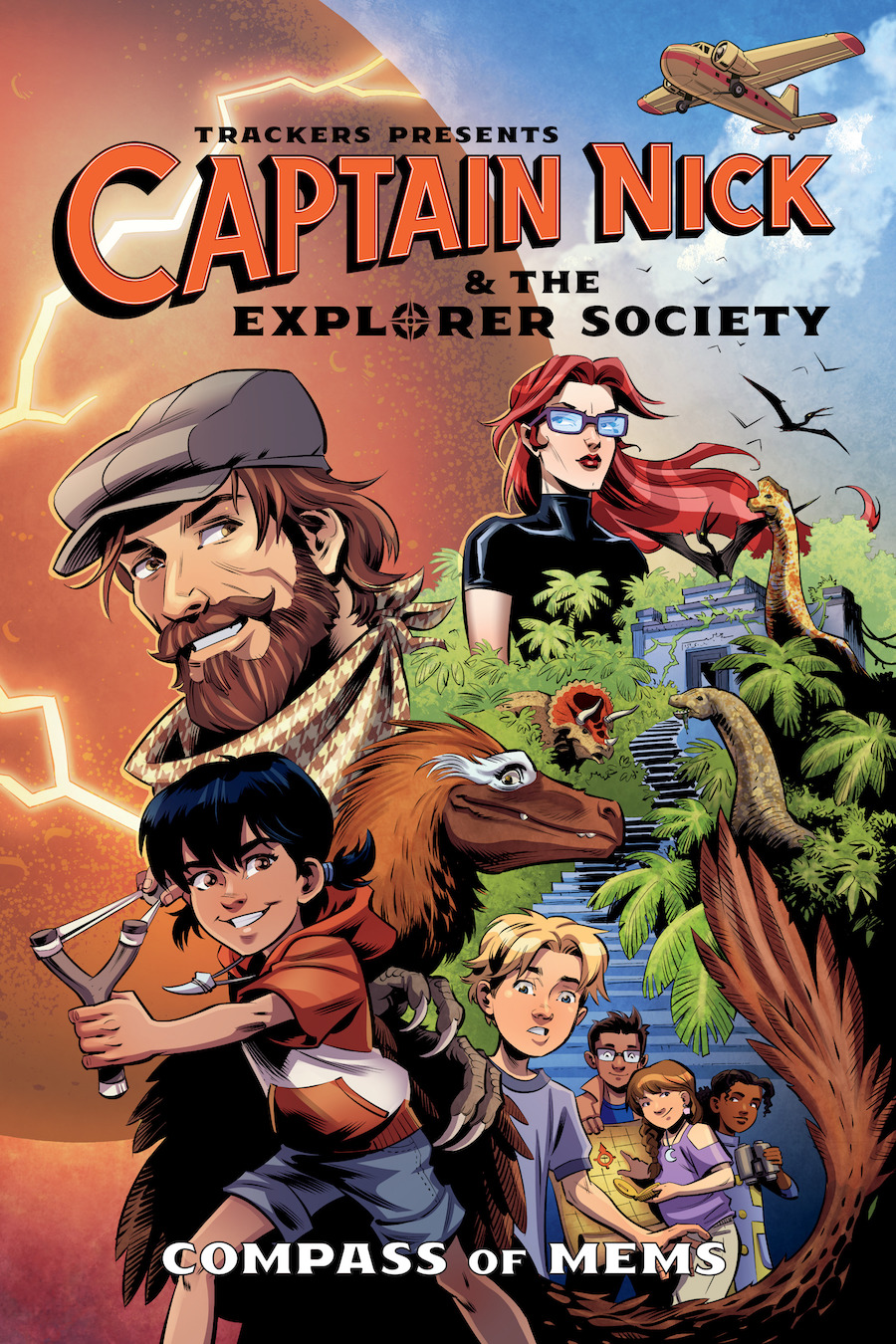 Cover of Trackers Presents: Captain Nick & the Explorer Society, showing a bearded man, a woman in glasses, several children, dinosaurs, an airplane, an ancient temple, and a map.