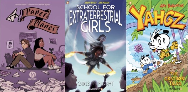 Cover images of Paper Planes, School for Extraterrestrial Girls vol 2, and Yahgz