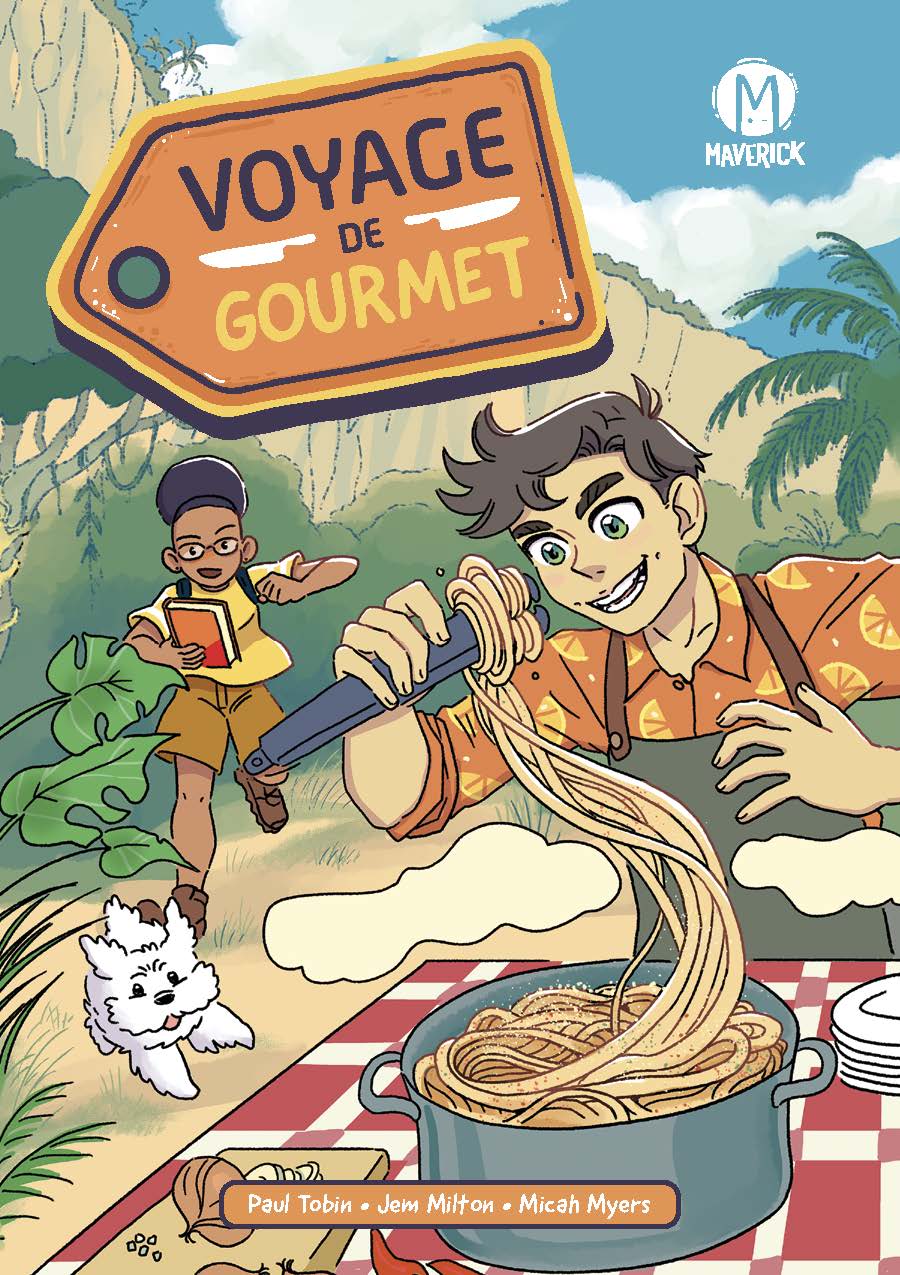 Cover of Voyage de Gourmet, showing a person twirling pasta out of a pot with tongs while another person, holding a book, and a white dog run toward them. The setting appears to be a jungle with cliffs, palms, and hanging vines.