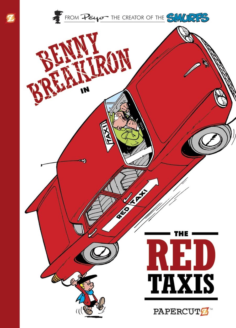 Cover of Benny Breakiron in The Red Taxis, showing a young boy carrying a red taxi with a very frightened driver inside.