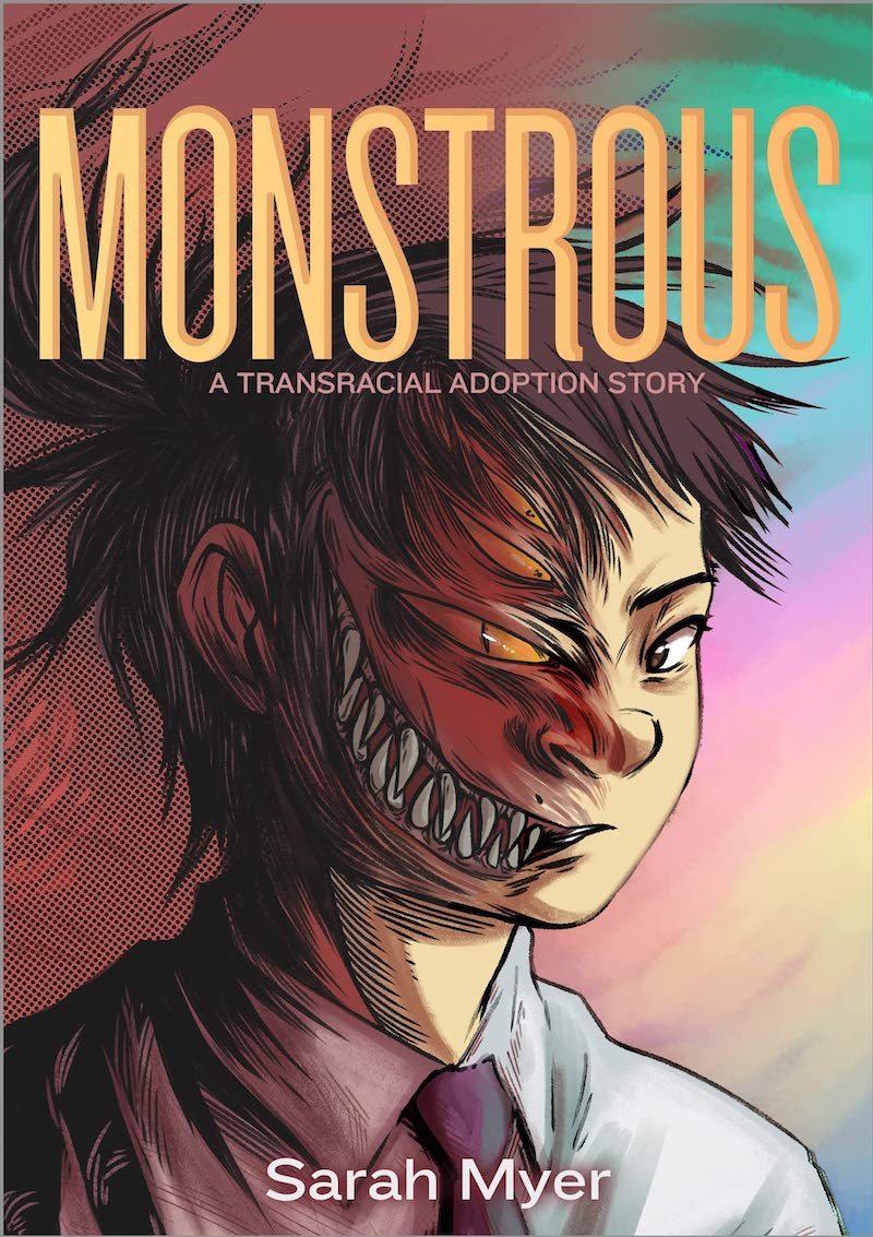 Front cover of Monstrous, showing a person whose face looks normal but morphs into a monster's face with a yellow eye and a mouth full of teeth on the side closer to the viewer.