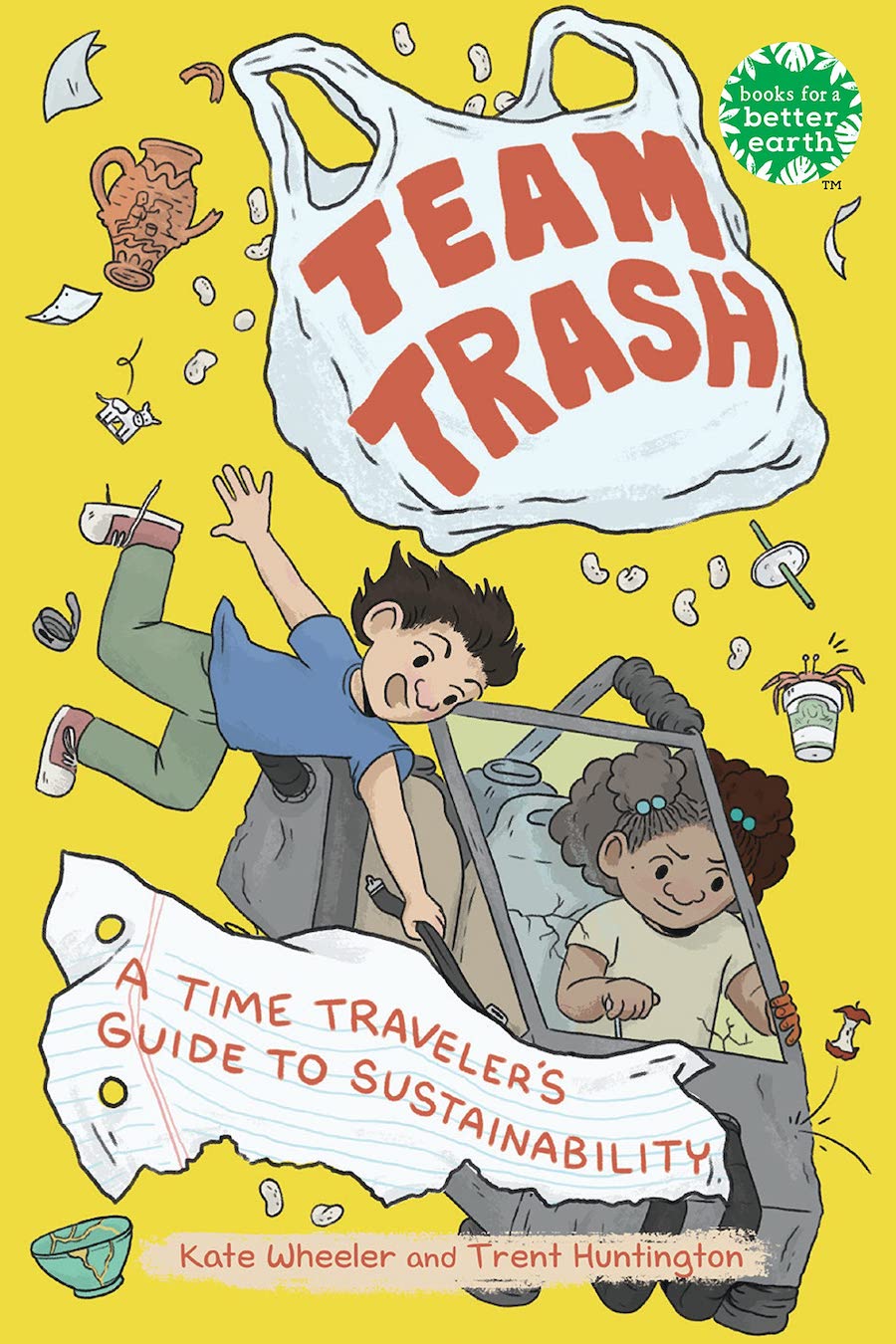 Cover of Team Trash, showing two childrenin a homemade go-cart surrounded by bits of litter flying through the air.
