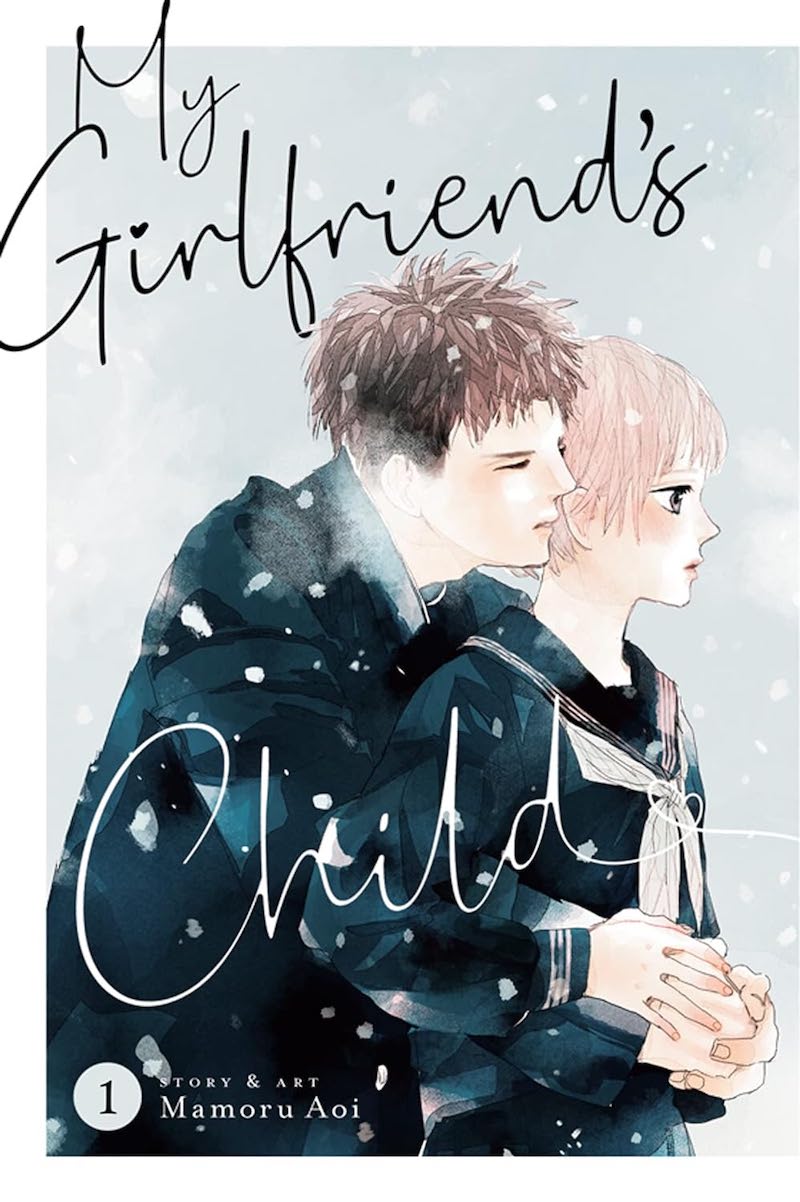 Cover of My Girlfriend's Child, vol. 1, showing a boy embracing a girl from behind while snow falls around them.