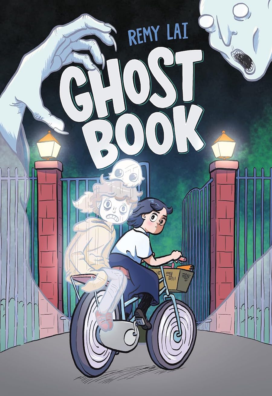 Cover of Ghost Boo, showing a girl riding a bicycle through a gate at night, with a ghost riding on the back of the bike and a ghostly face and hand closing in on her from above.