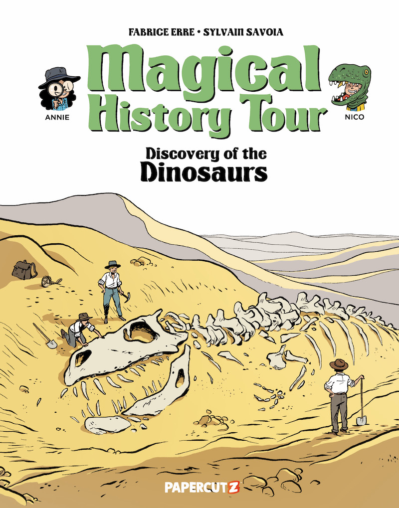 Cover of Magical History Tour: Discovery of the Dinosaurs, showing three archaeologists standing around a recnetly unearthed dinosaur skeleton