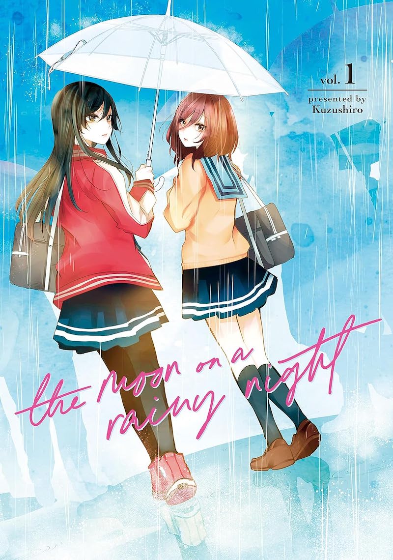 Cover of The Moon on a Rainy Night, showing two girls in sailor school uniforms walking in the rain under an umbrella.
