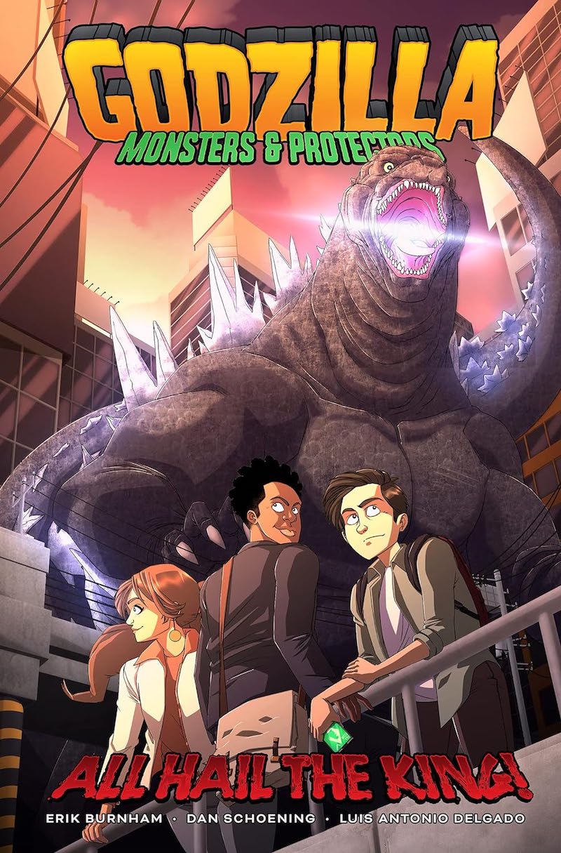 Cover of Godzilla: Monsters & Protectors, showing three young people with the monster towering over them.