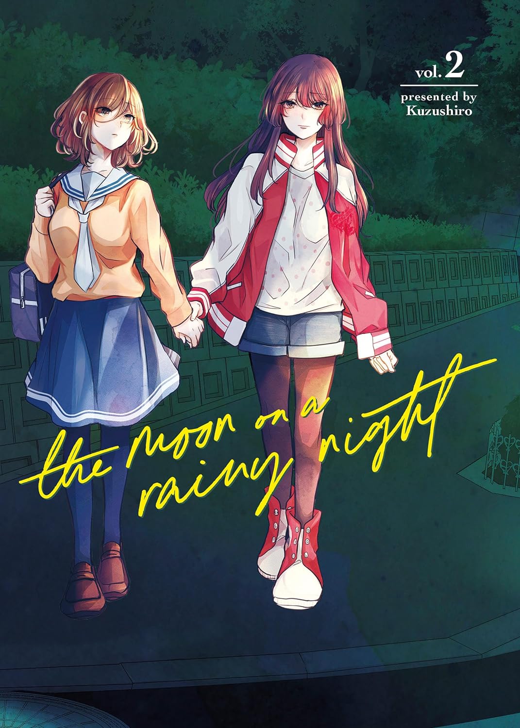 Cover of The Moon on a Rainy Night vol. 2,showing two teenage girls walking at night, holding hands. 