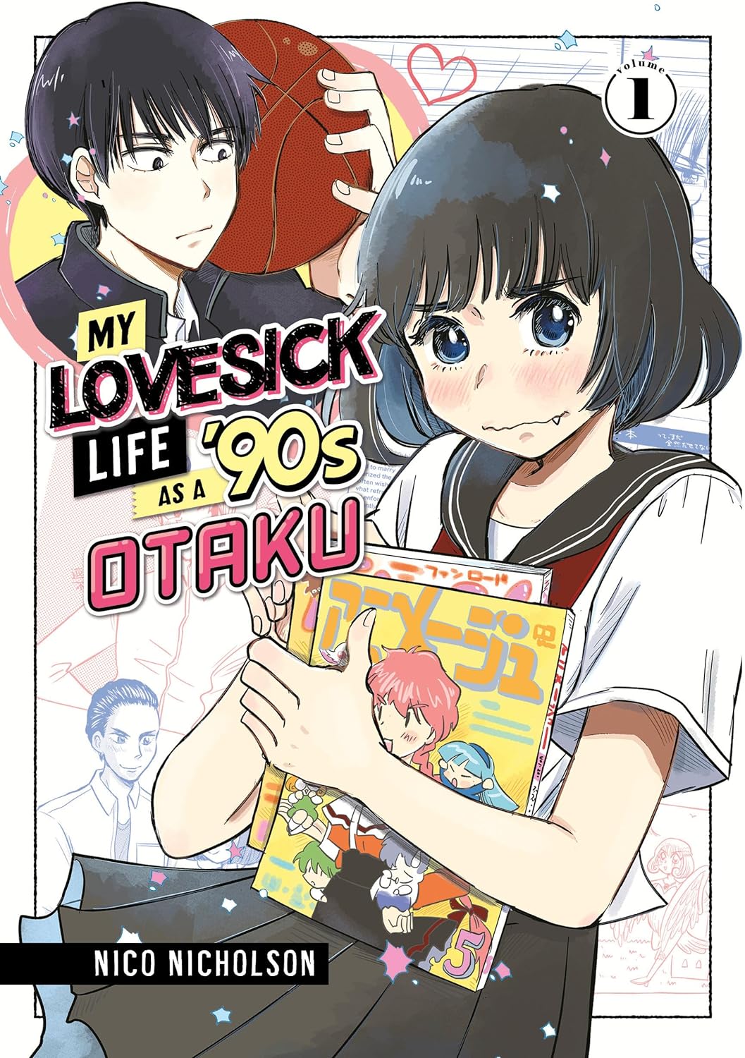 Cover of My Lovesick Live as a '90s Otaku, showing a girl in the foreground clutching two manga magazines and showing a small fang as she grimaces; behind her in an inset is a boy holding a basketball.