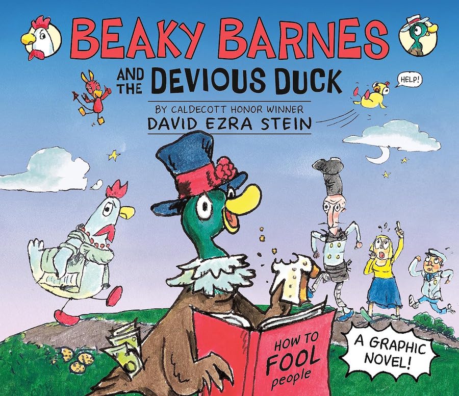 Cover of Beaky Barnes and the Devious Duck, showing a duck on a top hat holding a book titled "How to Fool People," with dollar bills hanging out of his pocket. Behind the duck are a chicken, a chef, a woman, and an inspector, all of whom seem to be unhappy.