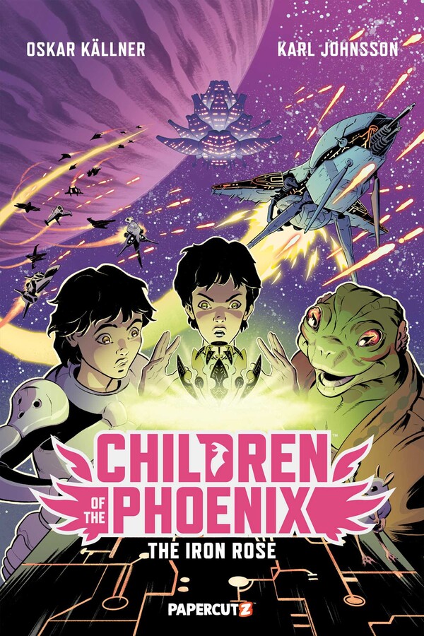 Cover of Children of the Phoenix: The Iron Rose, showing two children and a green-skinned alien staring at a glowing iron rose-shaped object. Behind them are spaceships and a planet in a purple sky.