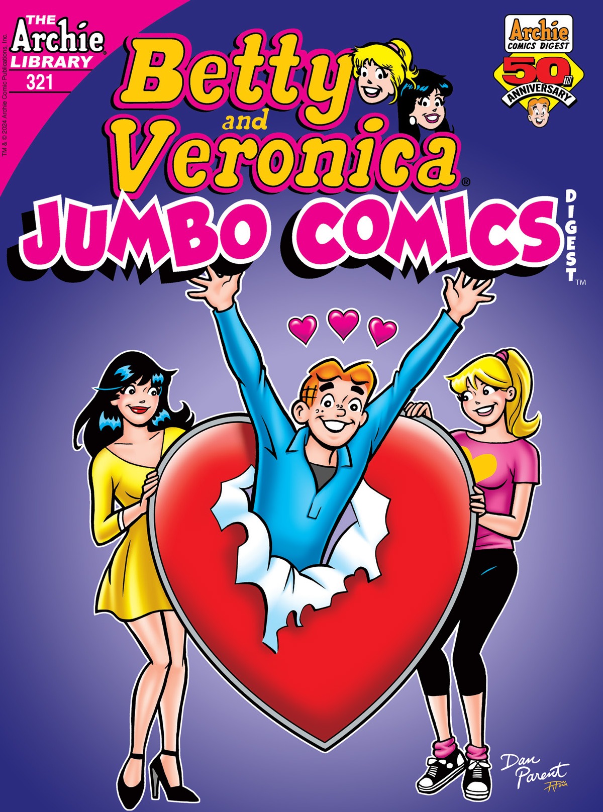 Cover of Betty and Veronica Jumbo Comics Digest #321, showing Archie bursting through a valentine held by Veronica and Betty