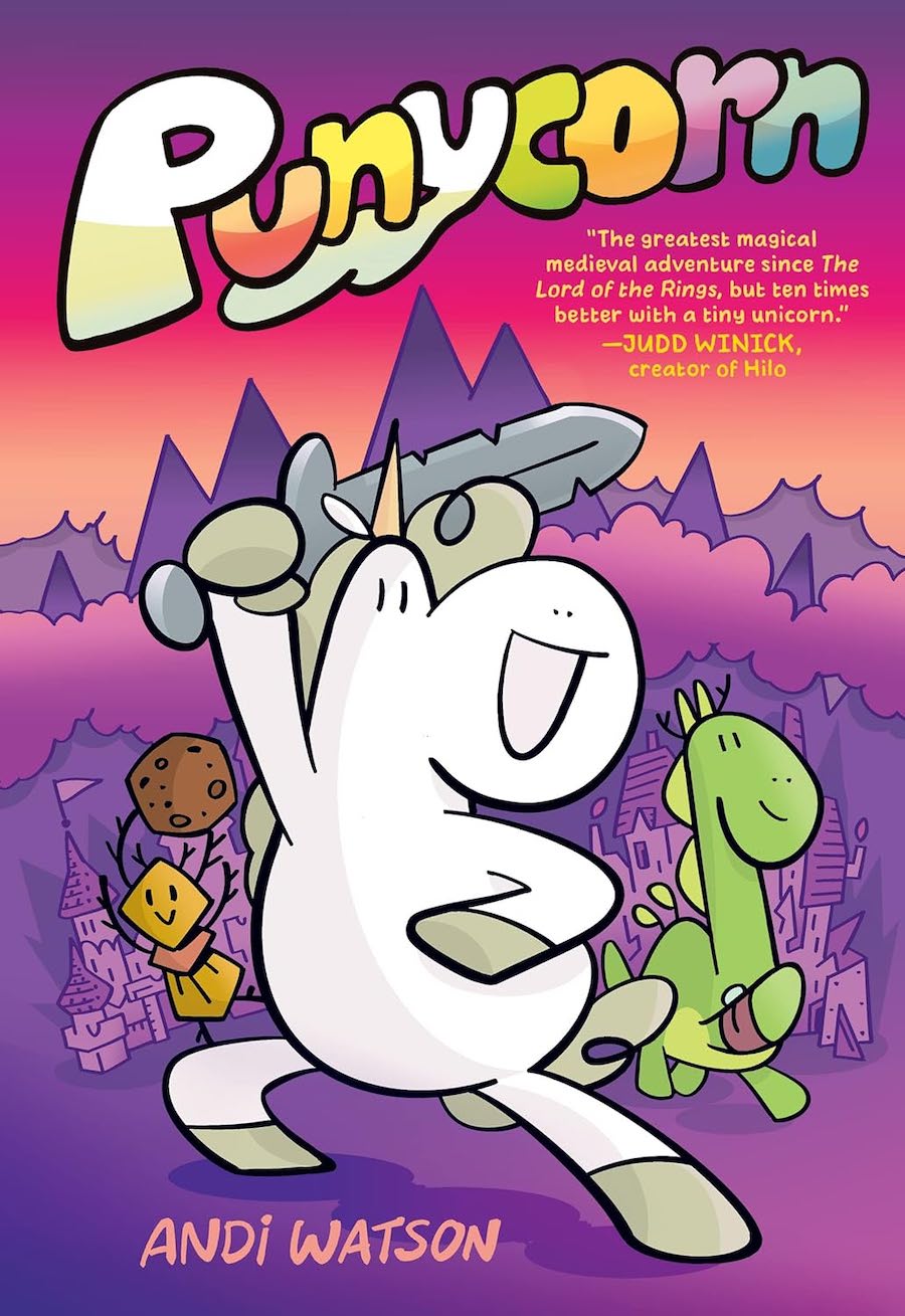 Cover of Punycorn, showing a unicorn brandishing a sword, and behind him a green dragon and some sort of sprite, all drawn in a simple, cartoony style with a purple-and-orange background of mountains and a village.