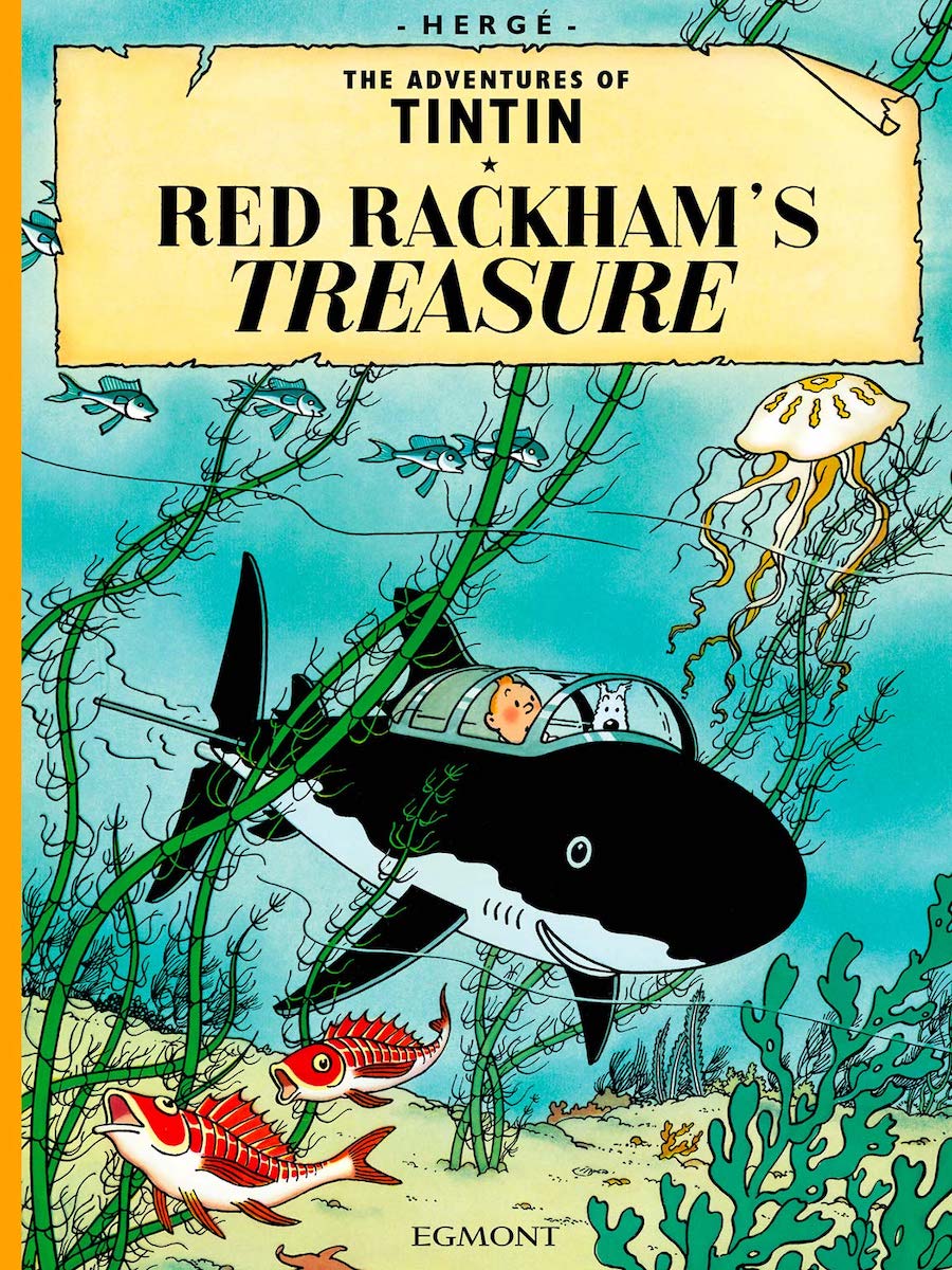 Cover of The Adventures of Tintin: Red Rackham's Treasure, showing Tintin undersea in a shark-shaped submarine.