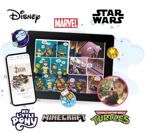 Photo collage of a tablet and a smartphone displaying comics on their screens, along wiht logos for Disney, Marvel, Star Wars, My Little Pony, Minecraft, and Teenage Mutant Ninja Turtles, a photo of a girl reading on a tablet, and decorative images.