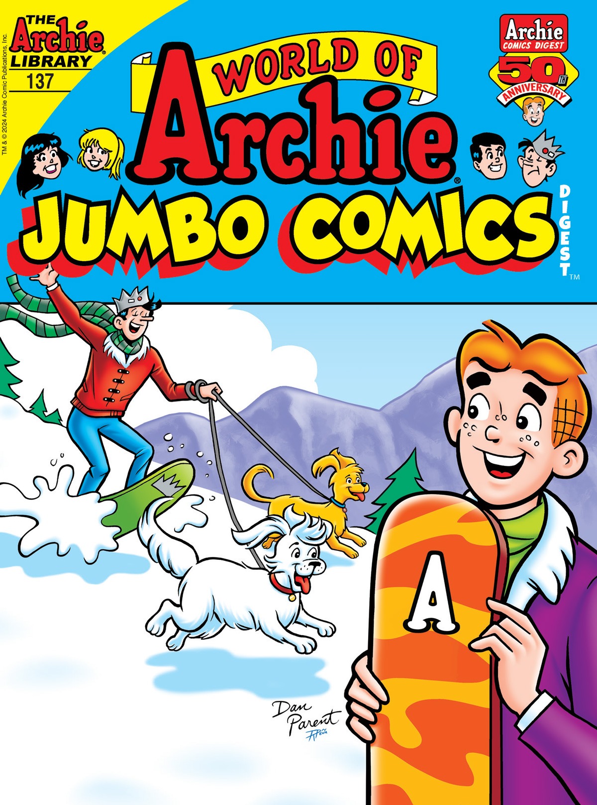 Cover of World of Archie Jumbo Comics Digest #137, showing Jughead snowboarding down a hill led by two dogs on leashes, and Archie smiling in the foreground and holding a snowboard of his own.