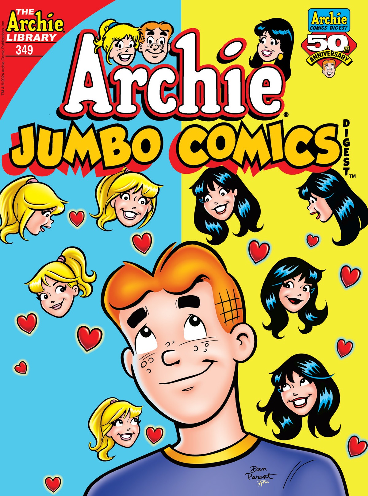 Cover of Archie Jumbo Comics Digest #349, showing Archie in the foreground, with images of Betty's face on a blue background on his left and Veronica's face on a yellow background on the right, both interspersed with hearts.
