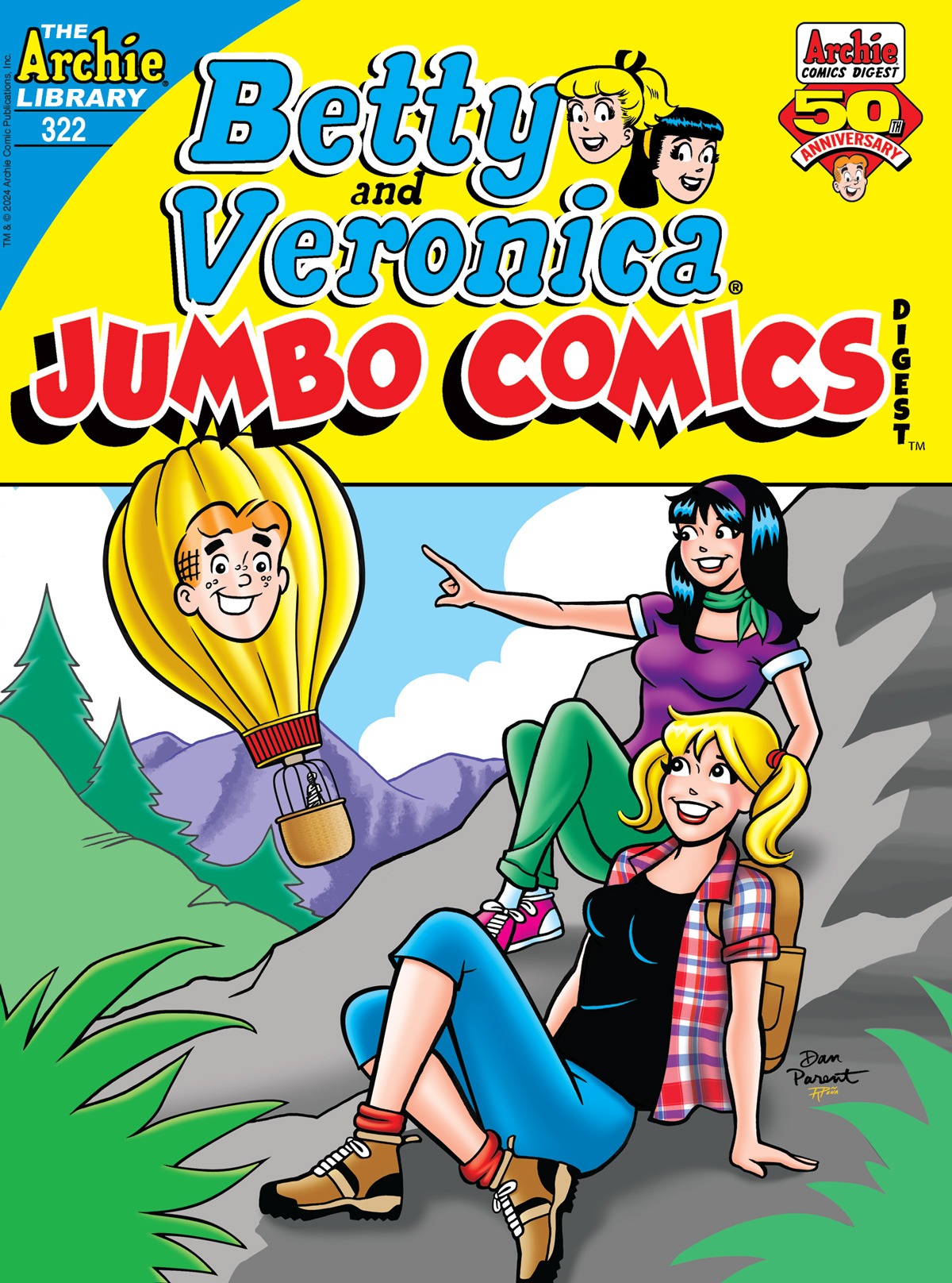 Cover of Betty and Veronica Jumbo Comics Digest #322, showing Betty and Veronica sitting on a hillside, smiling, as Veronica points to a hot-air balloon floating nearby with a giant Archie face on it.