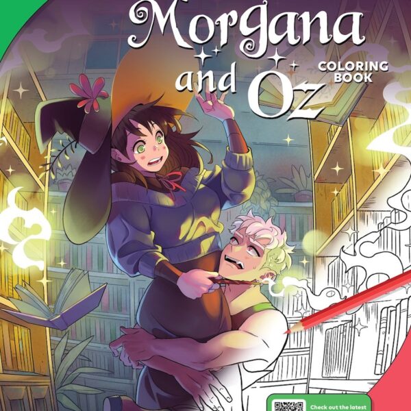 Cover of Morgana and Oz Coloring Book, showing a vampire embracing a witch, with the lower half of the vampire rendered as a black and white line drawing and the image transforming to color as the eye moves upward.
