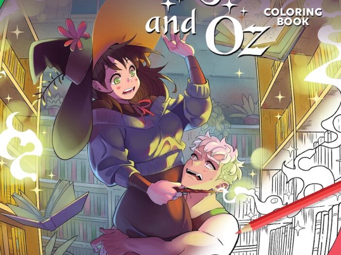 Cover of Morgana and Oz Coloring Book, showing a vampire embracing a witch, with the lower half of the vampire rendered as a black and white line drawing and the image transforming to color as the eye moves upward.
