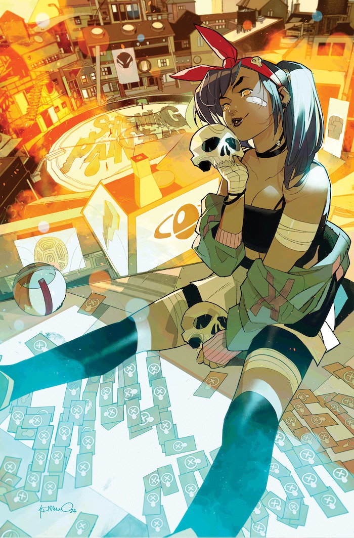 Cover of I Heart Skull-Crusher #2, showing a brown-skinned woman with an intent look on her face weilding a blade on a stick, with a ball nearby.