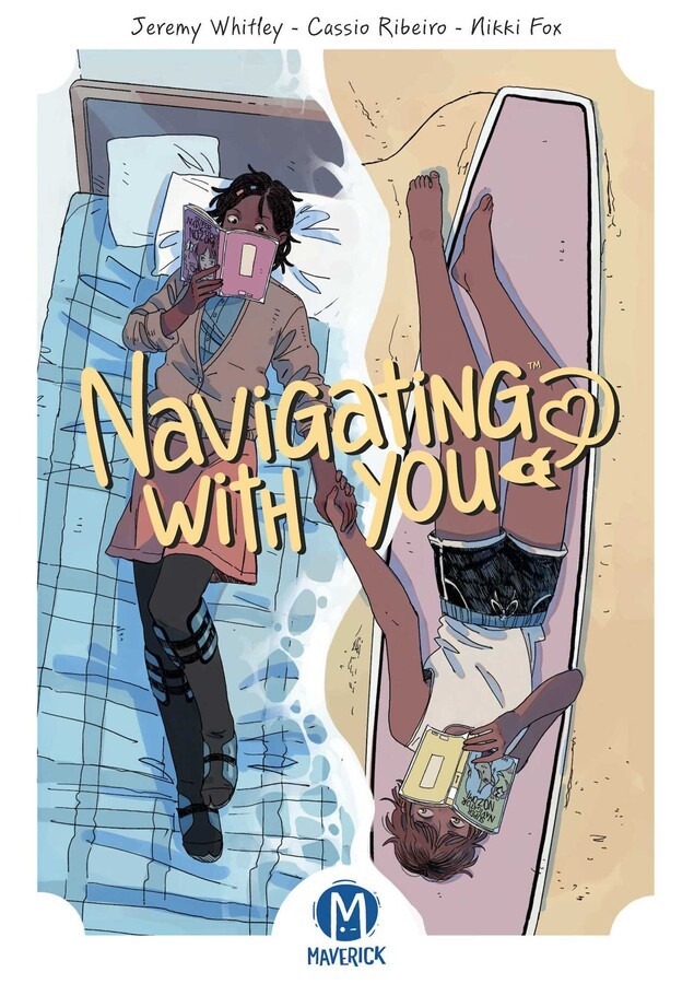 Image from above of two young women lying head-to-toe, a dark-skinned woman lying on a blue plaid bedspread and a lighter-skinned woman on a dusty pink surfboard on an ochre yellow beach. Both girls are reading manga.