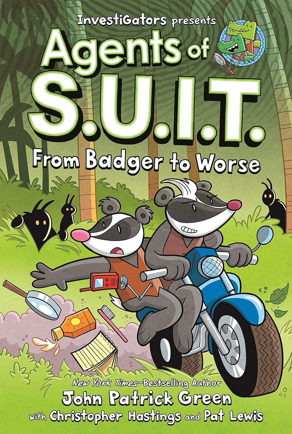 Book Cover Agents of S.U.I.T. From Badger to Worse, showing two badgers on a motorcycle, with the one on the rear dropping a walkie-talkie, magnifying glass, and other items. In the background, three dark silhouetted shapes peer out with yellow eyes from the bushes.