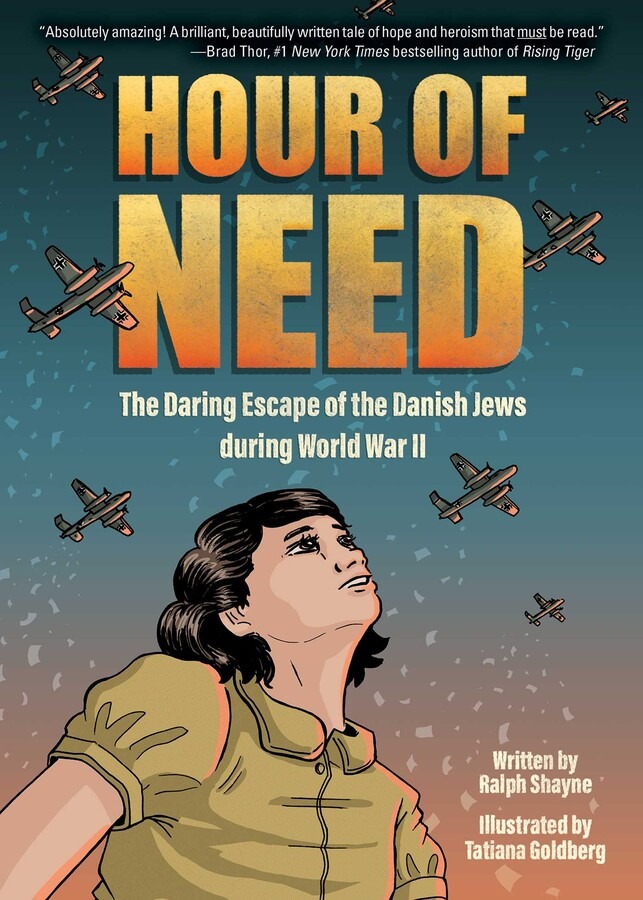 Book Cover: Hour of Need, showng a girl looking upward and behind her, a sky filled with airplanes.