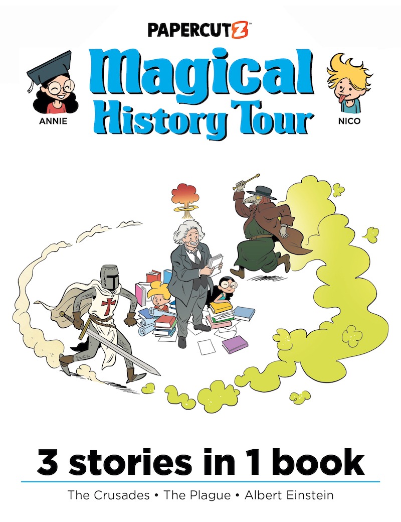 Cover of Magical History Tour 3-in-1 #2, showing Albert Einstein standing near a pile of books with two children, Nico and Anne, sitting on either side of him. Around them, in a circle defined by clouds, run a plague doctor in beaked mask and a crusader in knight's armor and helmet.