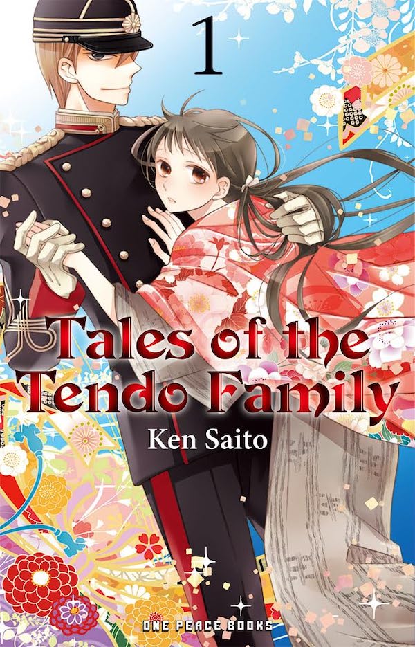 Cover of Tales of the Tendo Family, depicting a man in a miiitary uniform clutching a woman in a pink kimono to his chest; both are looking out at the reader.