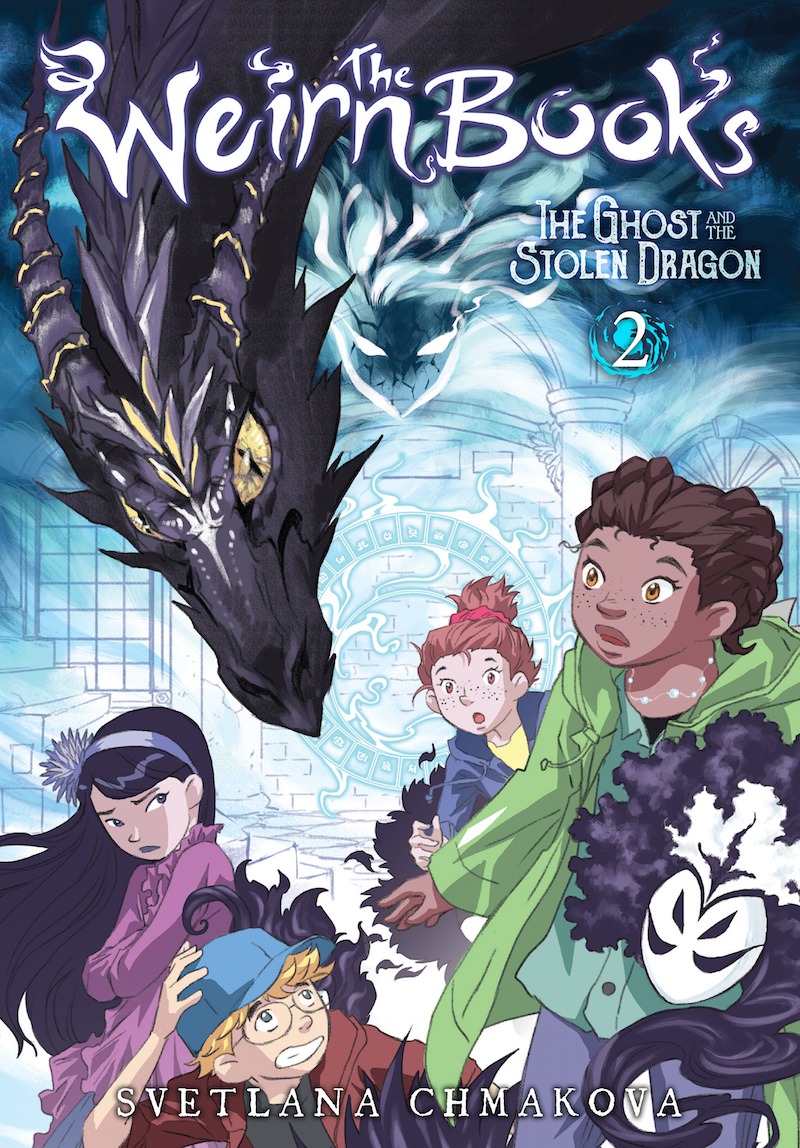 Cover of the Weirn Books vol. 2, showing a group of children looking scared as a dragon's head enters the picture from above.