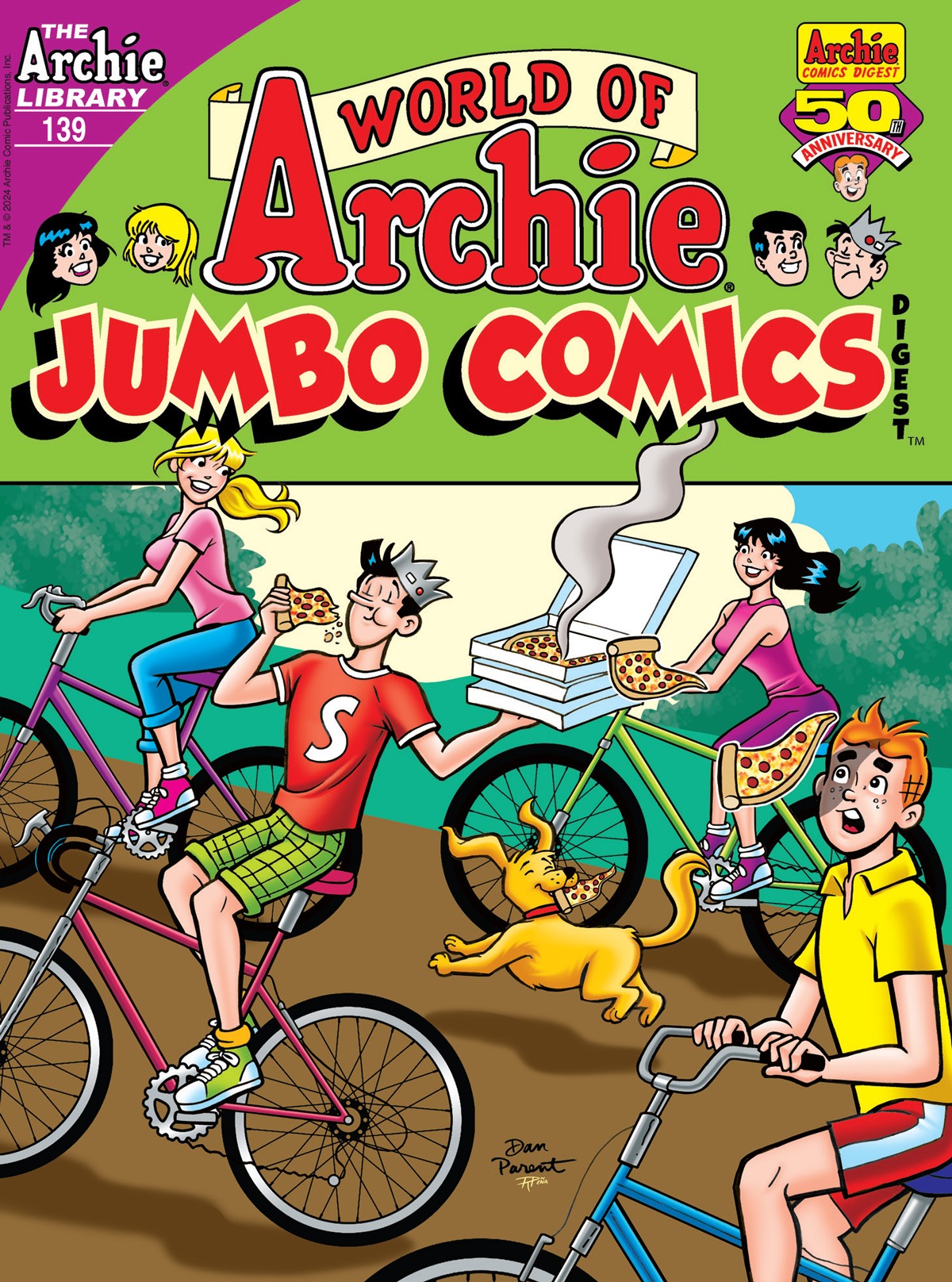 Cover of World of Archie Jumbo Comics #139, showing Betty, Jughead, Veronica, and Archie riding bicycles on a dirt path in a park, with Hot Dog running alongside. Jughead is holding a stack of pizza boxes and eating a slice. The top box is open and slices are blowing out; Hot Dog has one in his mouth and is simling. Another is about to hit Archie in the face. He looks startled.