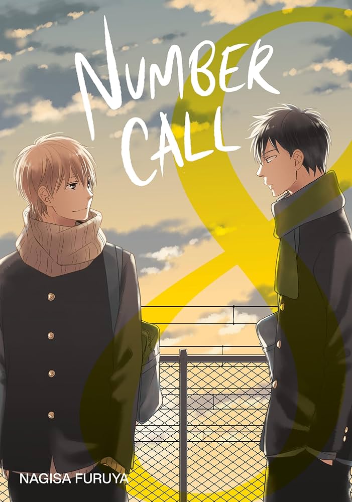Cover of Number Call, showing two young men standing by a chain-link fence, looking at one another. Both are wearing dark coats and scarves. Behind them, in the sky, is a giant numeral 8.