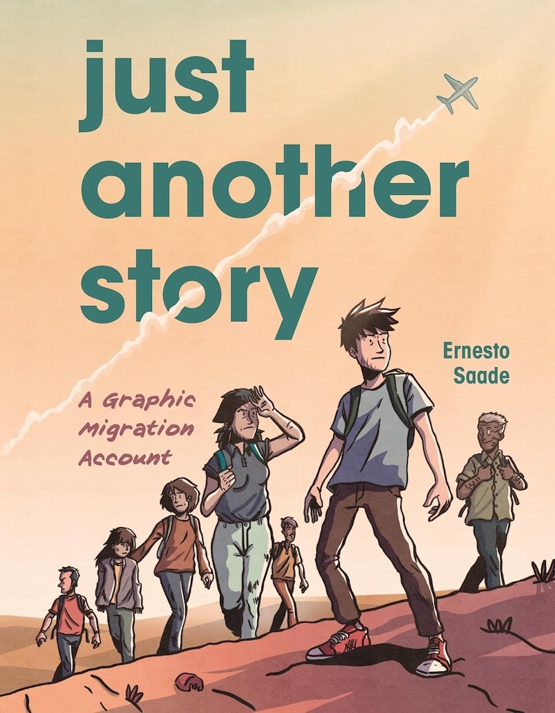 Cover of 'Just Another Story,' showing a group of people walking in a desert. A plane flies overhead. The sky behind them is pale orange and the ground is red ochre, giving the sense that it is hot and dry.