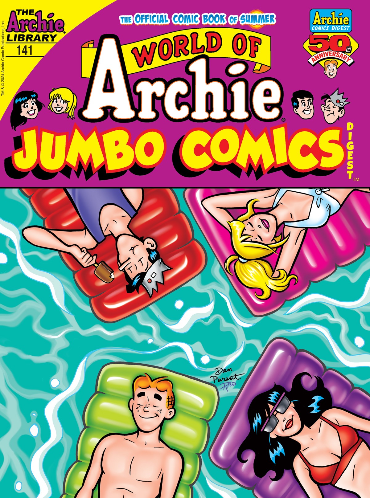 Cover of World of Archie Jumbo Comics Digest #141, showing Archie, Veronica, Betty, and Jughead floating in a pool with their eyes closed and smiles on their faces.