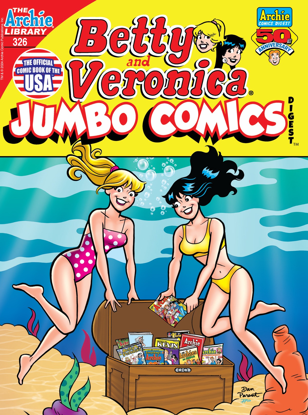 Cover of Betty and Veronica Jumbo Comics Digest #326, with an image of Betty and Veronica in an underwater landscape with an open treasure chest filled with Archie comics.