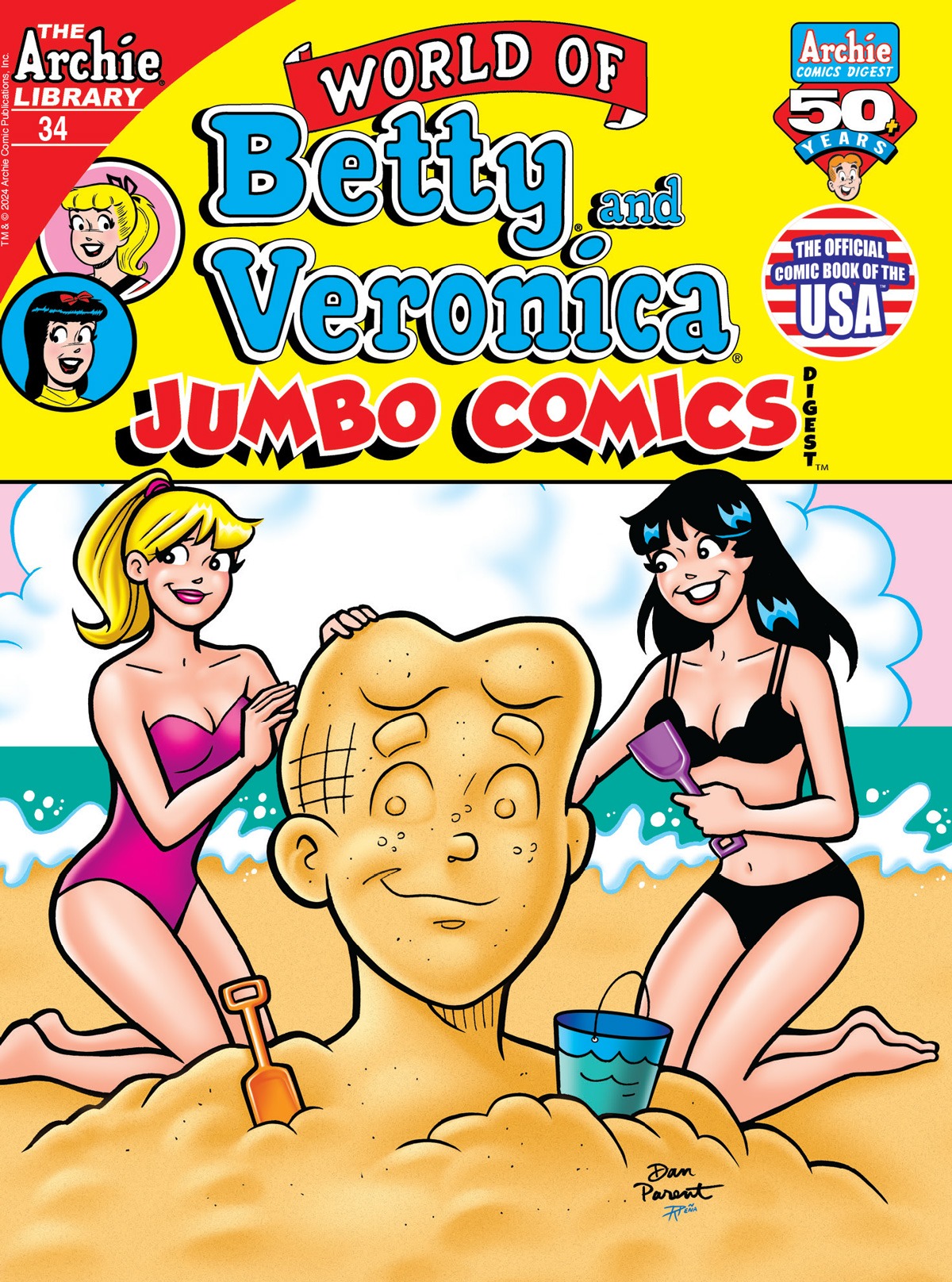 Cover of World of Betty & Veronica Jumbo Comics Digest #34, showing Betty and Veronica on a beach, in bathing suits, making a sand sculpture of Archie's head.