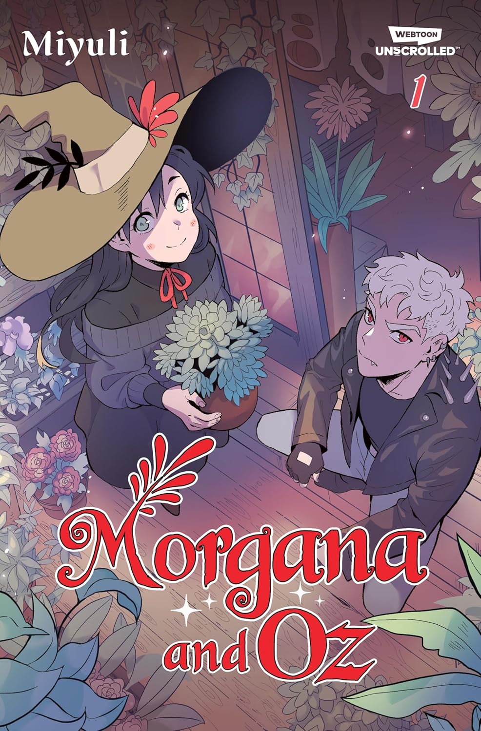 book cover Morgana and Oz. witch and vampire surrounded by flowers. 